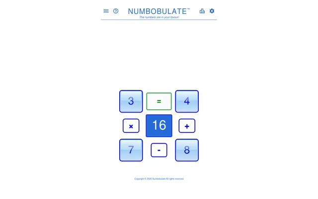 Numbobulate board for 29 October 2026: corner numbers 3, 4, 7 and 8 around the target 16, with times, plus, minus and equals buttons