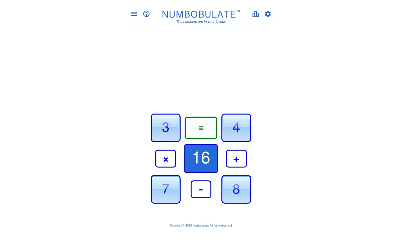 Numbobulate board for 29 October 2026: corner numbers 3, 4, 7 and 8 around the target 16, with times, plus, minus and equals buttons