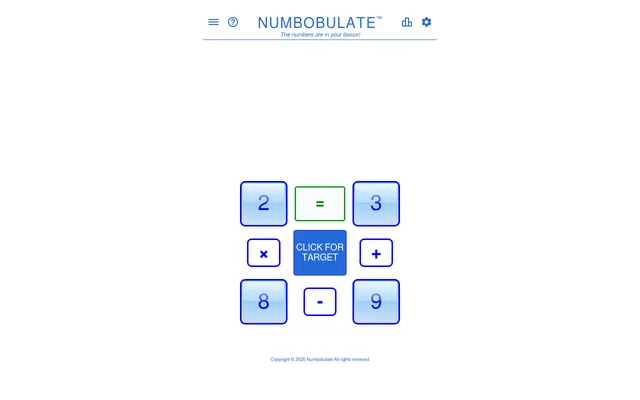 Numbobulate board with the corner numbers 2, 3, 8 and 9 around a Click for target button, with plus, minus, times and equals buttons