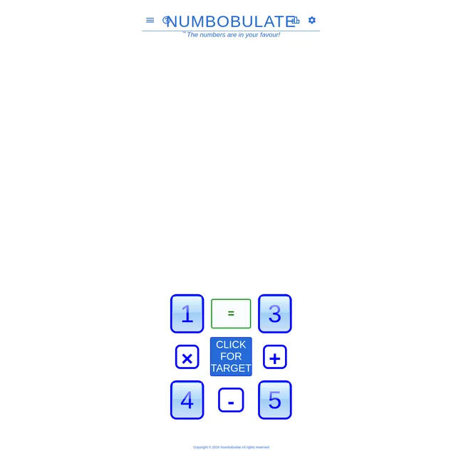 Numbobulate board with corner numbers 1, 3, 4 and 5, operation buttons, an equals box and a Click for target button in the centre