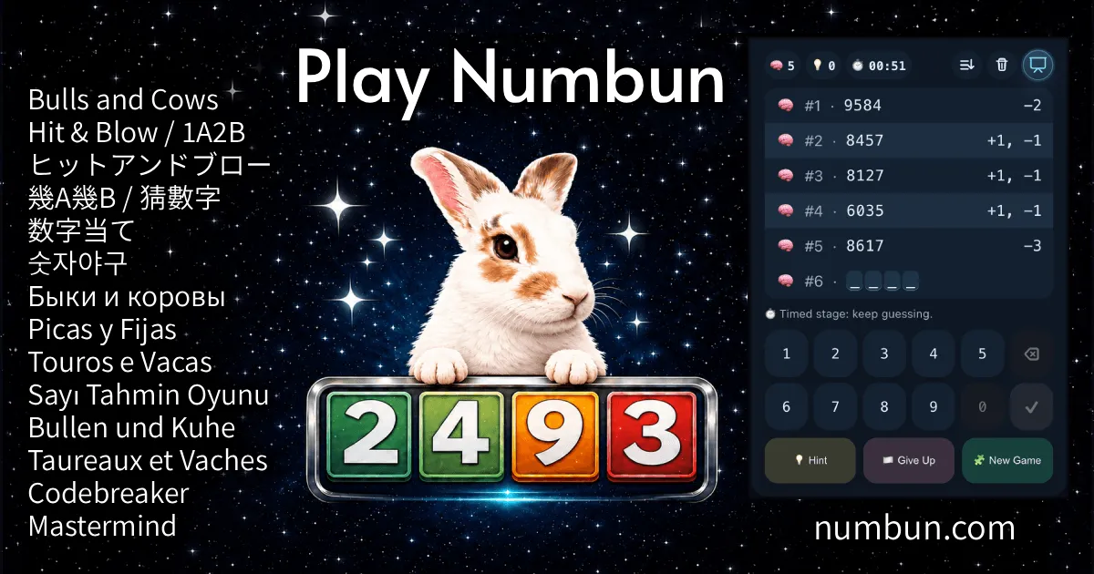 Numbun poster: a rabbit mascot over the digits 2 4 9 3, the names of the game in many languages, and a game screen listing guesses with their + and - clues