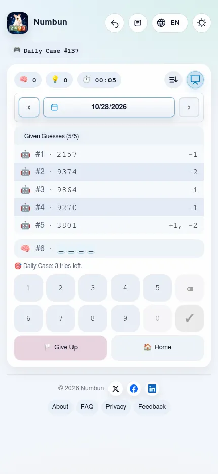 Numbun's Daily Case #137 on a phone: five given guesses with their + and - clues and three tries left to enter the code