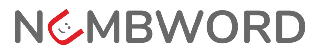 Numbword logo: the word NUMBWORD in grey letters with a red smiling U
