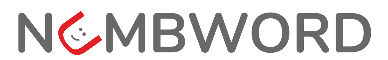 Numbword logo: the word NUMBWORD in grey letters with a red smiling U