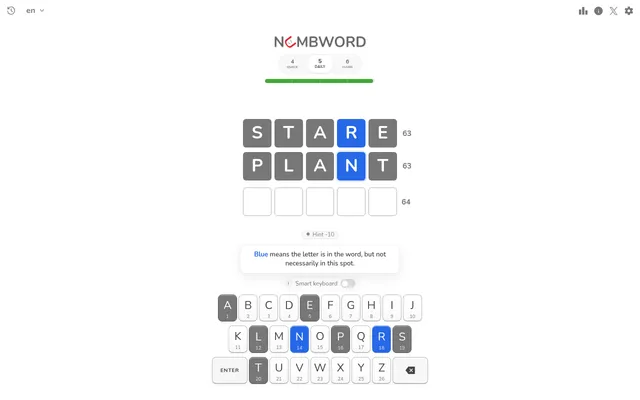 Numbword board at desktop size: guesses STARE and PLANT, each totalling 63 against a target of 64, with R and N marked blue and the numbered keyboard below