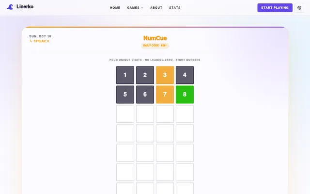NumCue daily code #291 for Sun, Oct 18 on desktop: two guesses, 1234 and 5678, marked grey, orange and green on the four-digit grid