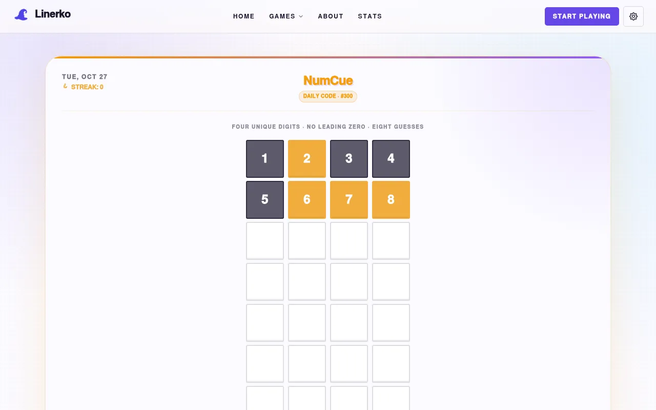 NumCue daily code #300 for Tue, Oct 27 on desktop: guesses 1234 and 5678 on the four-digit grid, with 2, 6, 7 and 8 marked orange and the rest grey