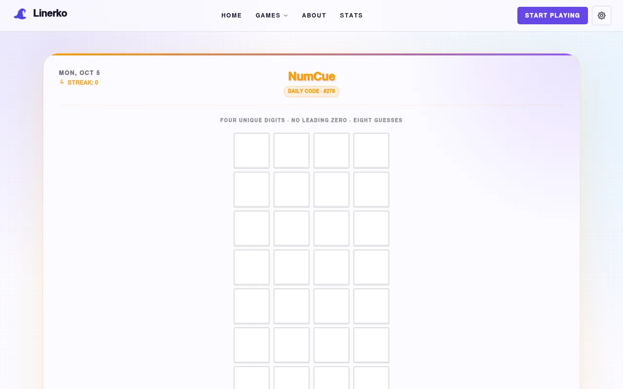 NumCue daily code number 278 for Mon, Oct 5: an empty grid of four-digit rows under the line Four unique digits, no leading zero, eight guesses