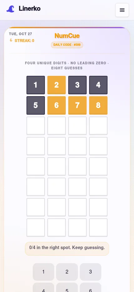 NumCue on a phone: daily code #300 with two guesses, orange and grey digits, the line 0/4 in the right spot, Keep guessing, and the number keypad below