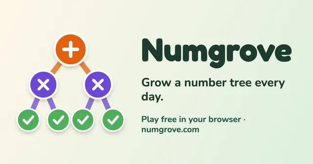 Numgrove share image: a small number tree with a + node above two × nodes and four solved leaves, beside the words Grow a number tree every day