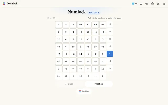 Numlock #94 on Zalize Daily Games for October 3: a Saturday 7x7 grid with negative numbers, target sums along the right and bottom, and Undo and Practice buttons