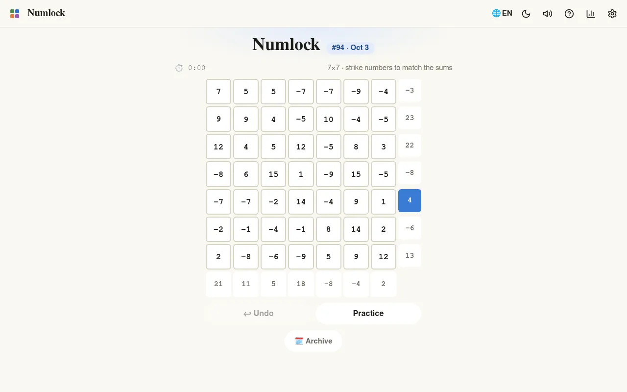 Numlock #94 on Zalize Daily Games for October 3: a Saturday 7x7 grid with negative numbers, target sums along the right and bottom, and Undo and Practice buttons