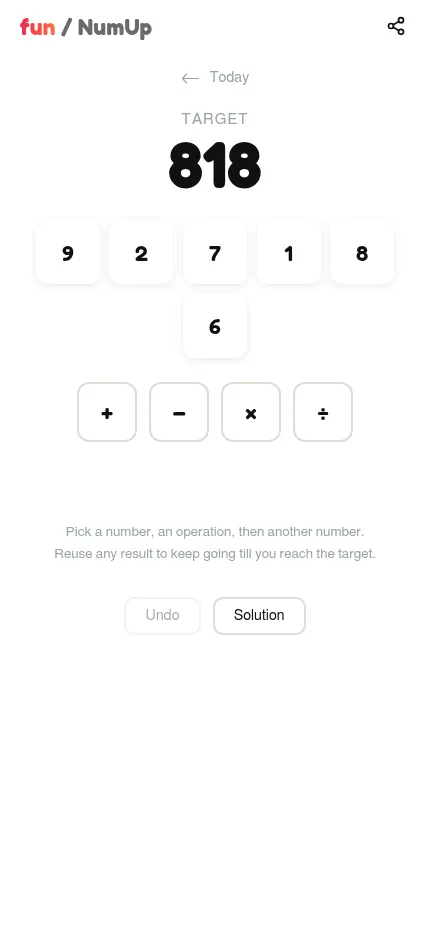 NumUp at phone size with the target 818, the six number tiles and the four operation buttons