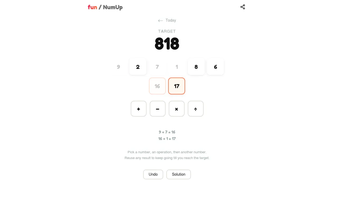 NumUp mid-game: 9 + 7 = 16 and 16 + 1 = 17, the used tiles greyed out and the new result tiles below them