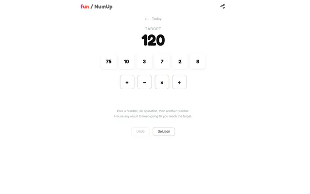 NumUp daily puzzle with target 120, the number tiles 75, 10, 3, 7, 2 and 8, and plus, minus, times and divide buttons