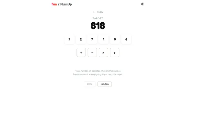 NumUp on a desktop: today's target 818 above the six tiles 9, 2, 7, 1, 8 and 6, with plus, minus, times and divide buttons
