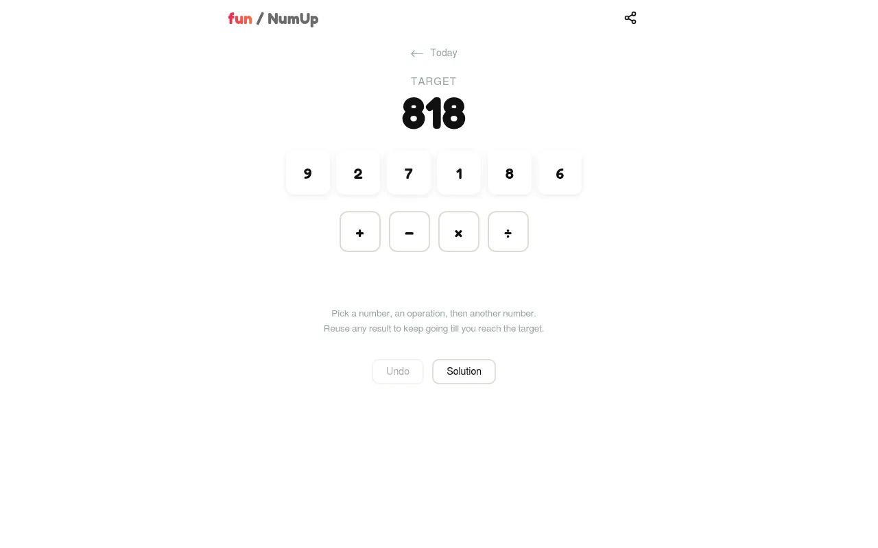 NumUp on a desktop: today's target 818 above the six tiles 9, 2, 7, 1, 8 and 6, with plus, minus, times and divide buttons