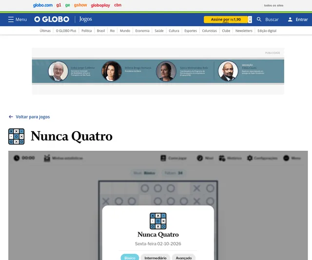 Nunca Quatro on O Globo: a 9x9 grid of crosses and circles behind a start card showing the date and three levels
