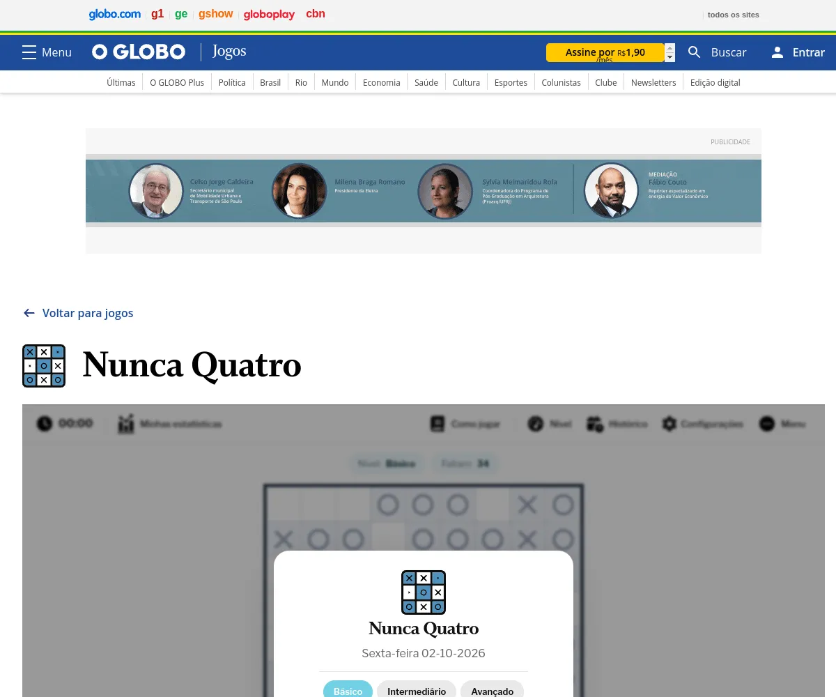 Nunca Quatro on O Globo: a 9x9 grid of crosses and circles behind a start card showing the date and three levels
