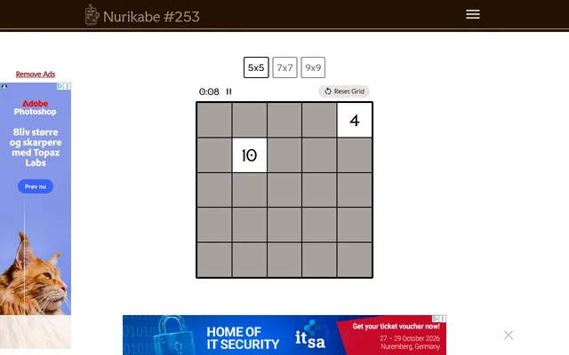 CoffeeFirst Nurikabe #253, 5x5: a grey grid with clue cells 4 and 10, a timer and Reset Grid, with 7x7 and 9x9 sizes above (ads at the edges)