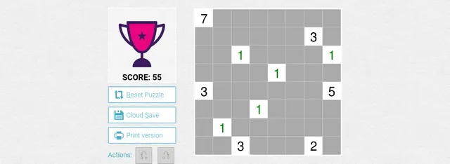 The Medium Nurikabe of 28 October 2026 on PuzzleMadness: an unsolved 8x8 grid with island clues 7, 3, 5, 2 and six 1s, beside the score panel