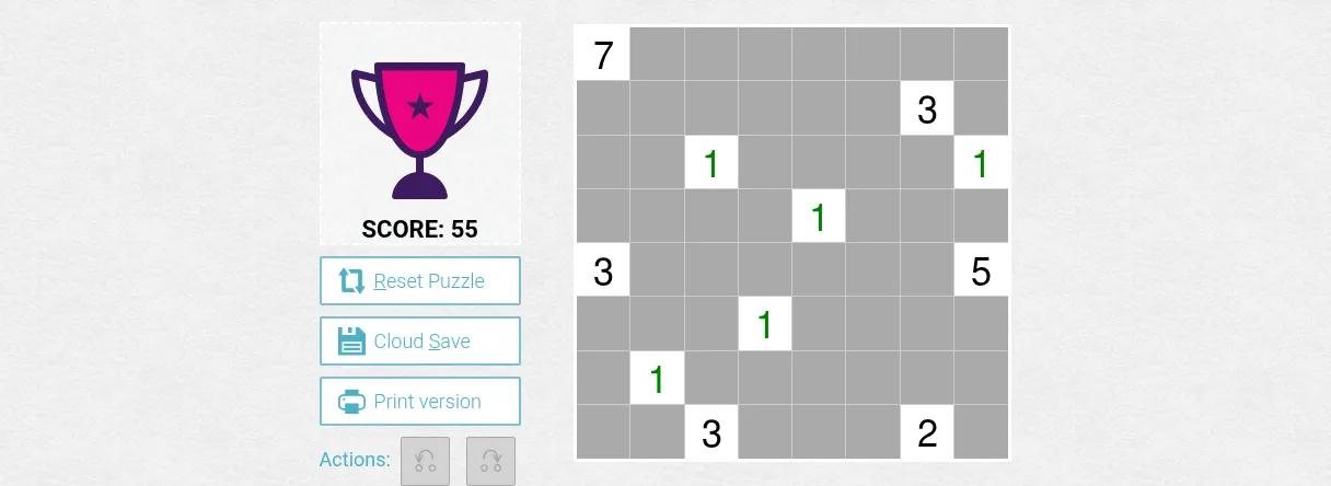 The Medium Nurikabe of 28 October 2026 on PuzzleMadness: an unsolved 8x8 grid with island clues 7, 3, 5, 2 and six 1s, beside the score panel