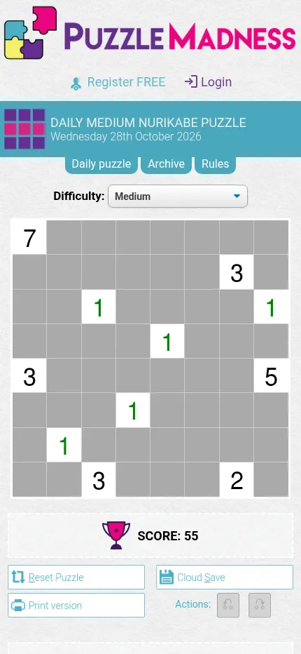 The same day's Medium Nurikabe at phone size, the whole 8x8 grid fitting the screen above the score and reset buttons