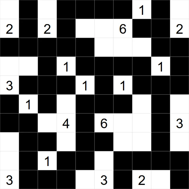 A solved Nurikabe example from PuzzleMadness's rules, white numbered islands in a connected black sea