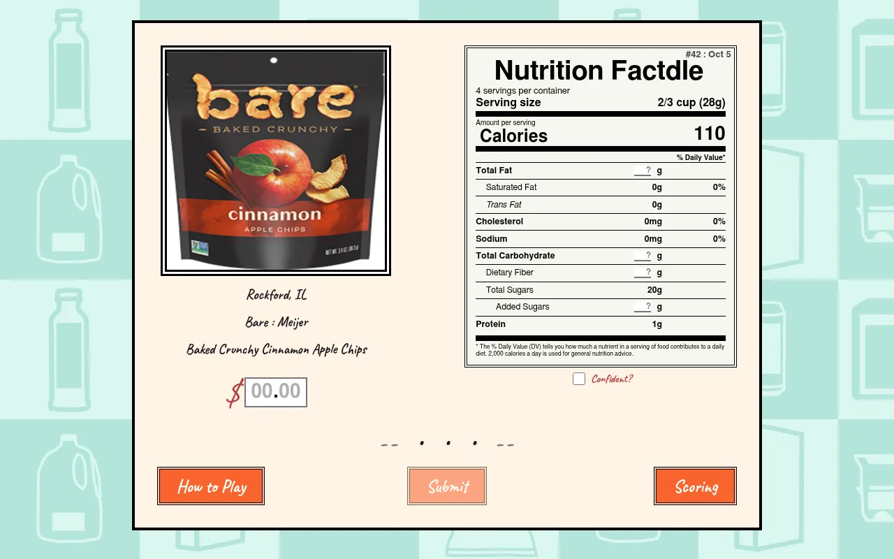 Nutrition Factdle #42: a bag of cinnamon apple chips beside its nutrition label with blank values and a price box