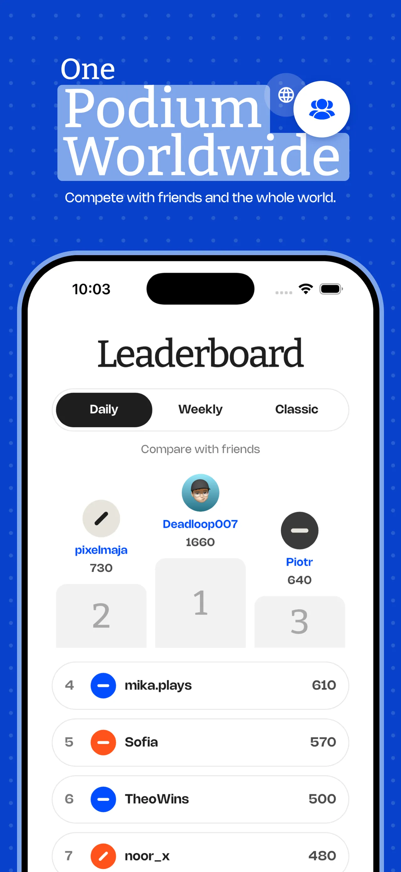 O'Block App Store screenshot of the Daily leaderboard podium, with Daily, Weekly and Classic tabs and a compare-with-friends view