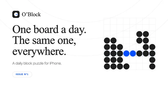 O'Block share image: an 8x8 block grid with a row about to clear, beside the words One board a day. The same one, everywhere.