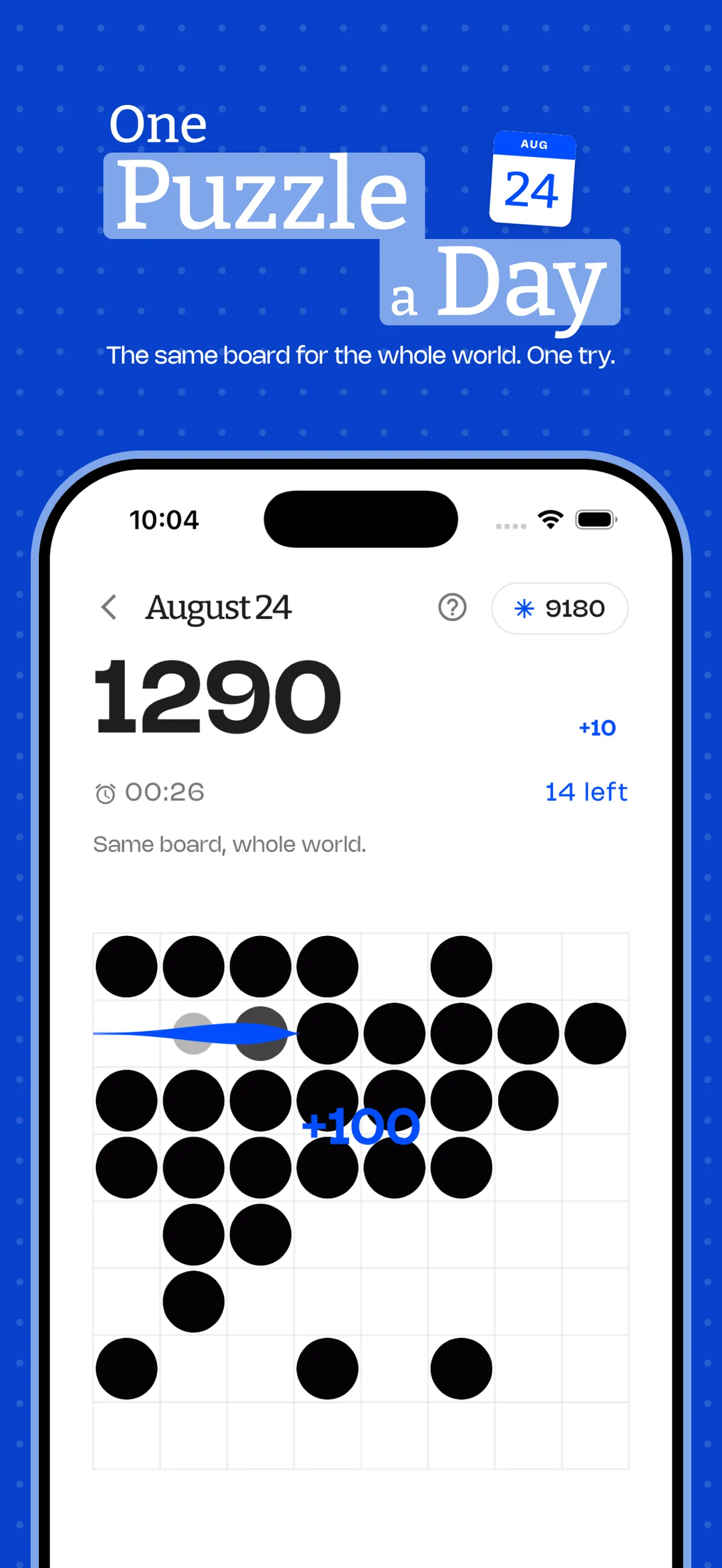 O'Block App Store screenshot of a Daily board for August 24, with the score, timer, pieces left and a line clearing