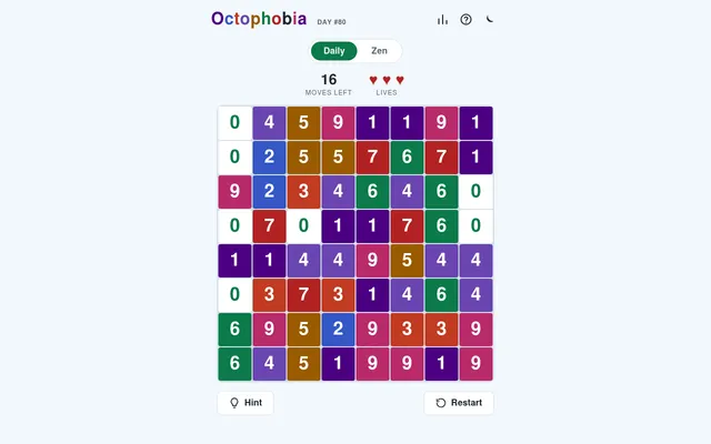 Octophobia Day #80 daily board on desktop: an 8x8 grid of coloured number tiles, 16 moves left, three hearts for lives, with Hint and Restart buttons