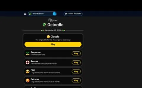 The Octordle home screen dated September 23, 2026, listing the Classic daily and the Sequence, Rescue, Chill and Extreme modes