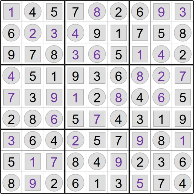 A completed Odd-Even Sudoku from PuzzleMadness's rules, with square and circle markers