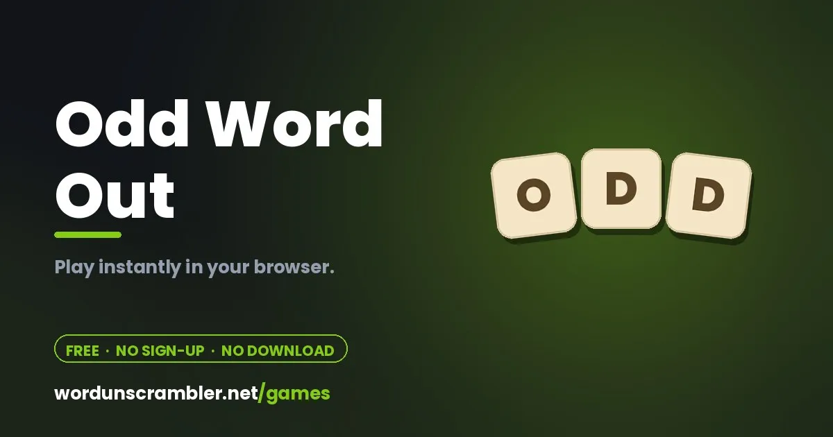 Odd Word Out share card: the game's name beside three letter tiles spelling ODD, with the line Free, no sign-up, no download