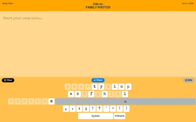 The Odle writing page for Ode to: Family Photos, with the keyboard showing only the letters in that phrase