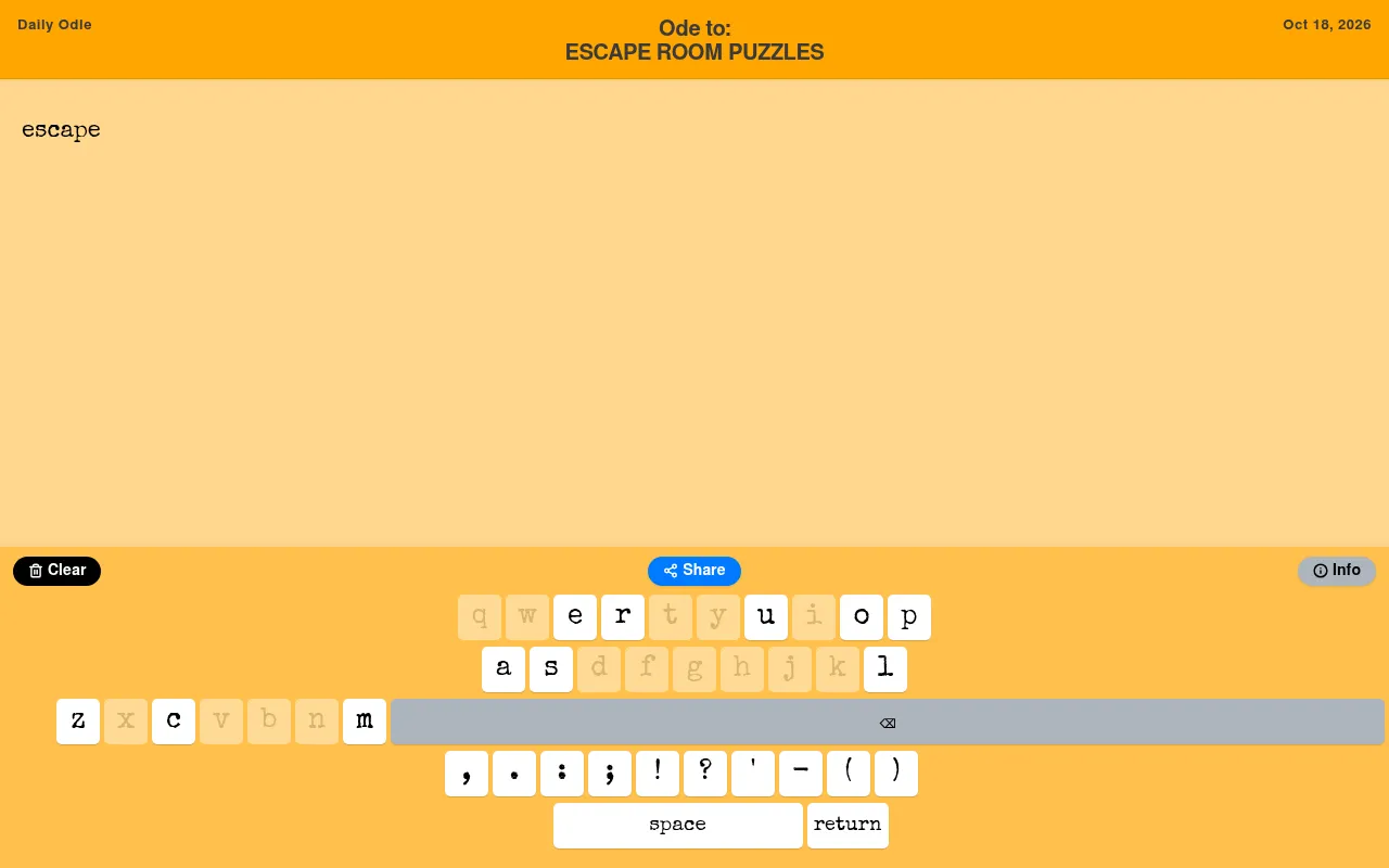 Odle on 18 October 2026: Ode to Escape Room Puzzles, with the word escape written and only the phrase's letters lit on the keyboard
