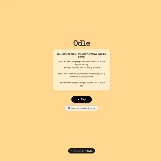 Odle welcome card: write an ode using only the letters contained in the topic of the day, with a Play button and the note that the phrase changes at 10PM EST