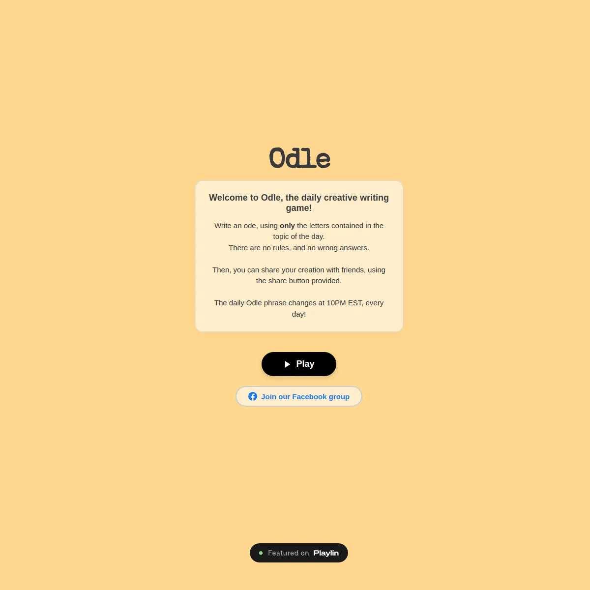 Odle welcome card: write an ode using only the letters contained in the topic of the day, with a Play button and the note that the phrase changes at 10PM EST