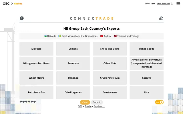 Today's Connectrade board on OEC Games: sixteen export products such as Crude Petroleum, Bananas and Cement under the day's four countries, with six hearts and Clear and Submit buttons