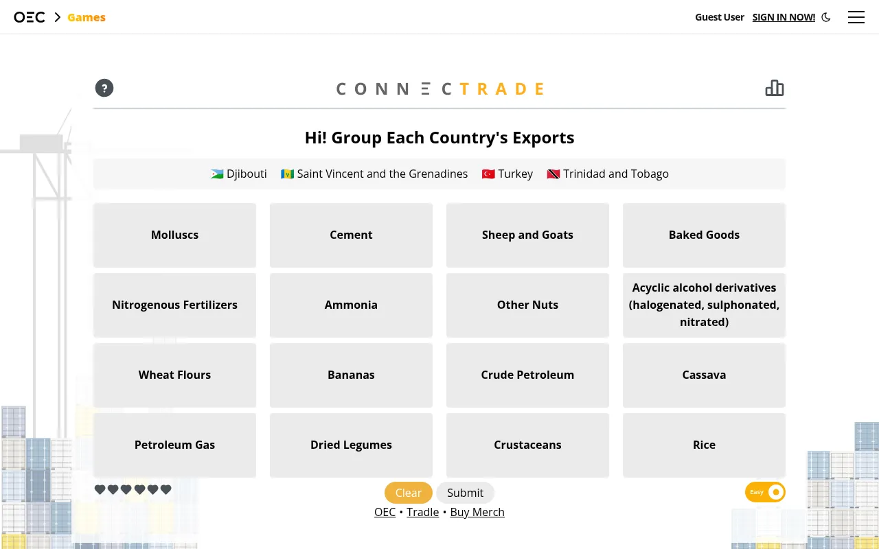 Today's Connectrade board on OEC Games: sixteen export products such as Crude Petroleum, Bananas and Cement under the day's four countries, with six hearts and Clear and Submit buttons