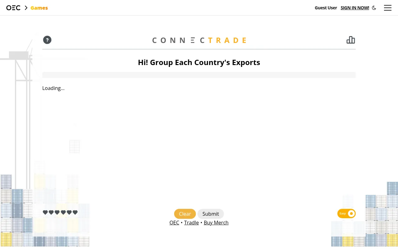 The Connectrade page on OEC Games: the CONNECTRADE title, the heading Hi! Group Each Country's Exports, six hearts, Clear and Submit buttons and an Easy switch, with the board still loading