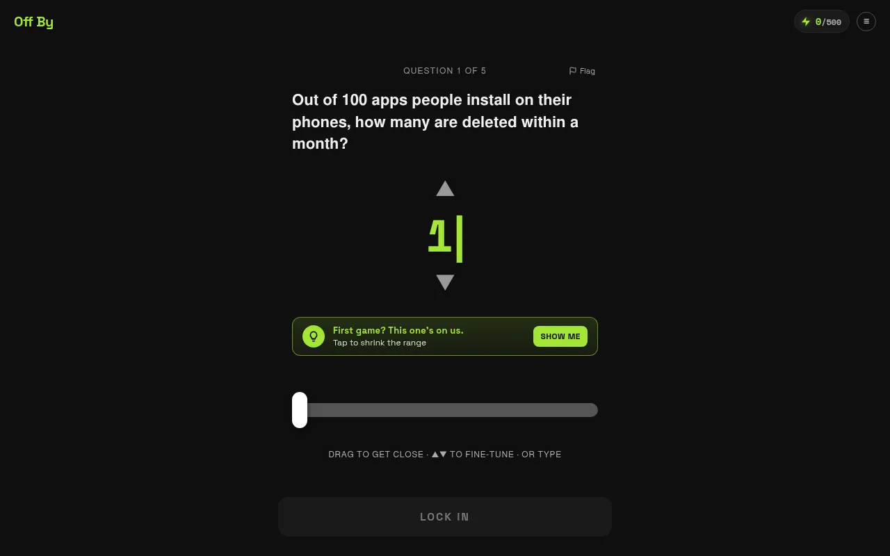 Off By on a desktop browser: question 1 of 5 for 18 October 2026, how many of 100 installed apps are deleted within a month, with arrows, a hint card, a slider and a Lock In button