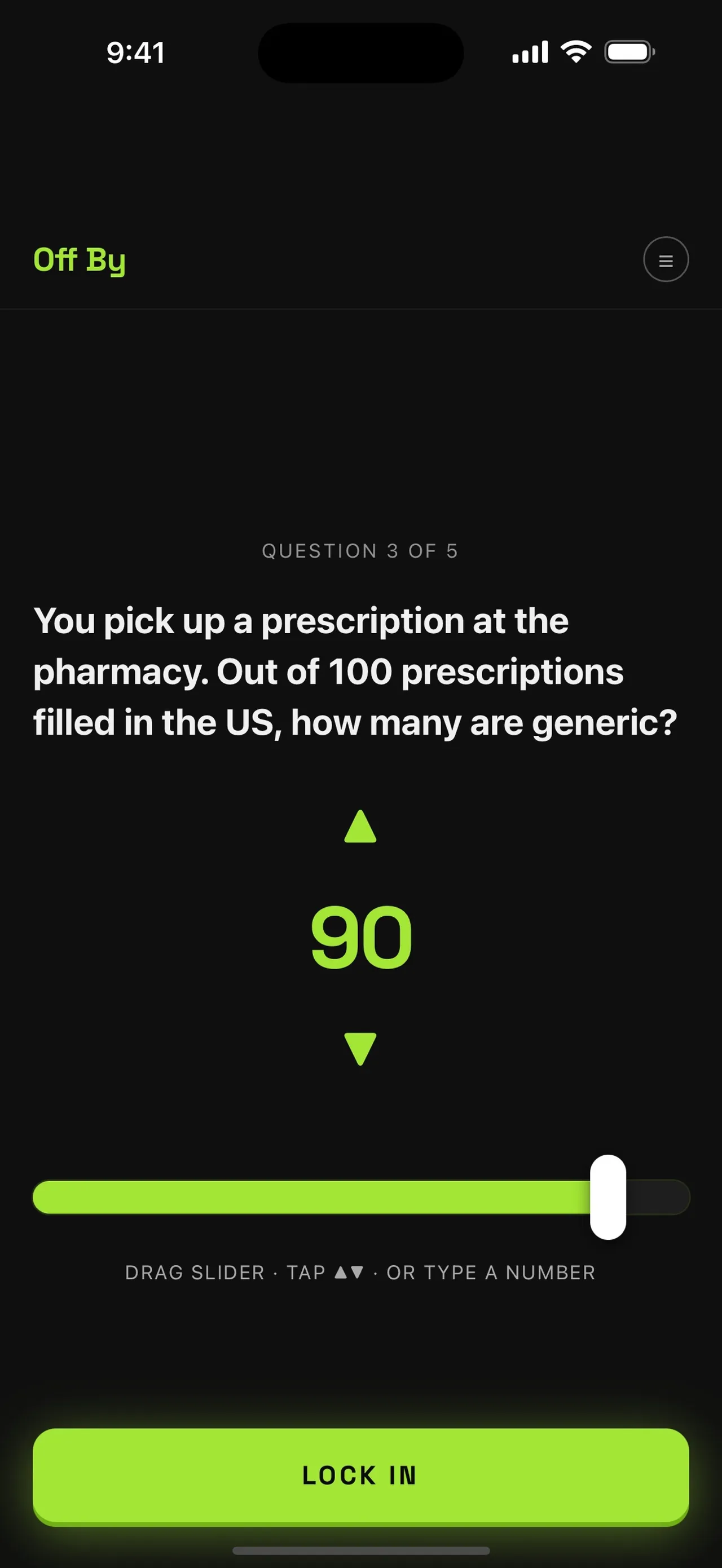 Off By question 3 of 5: out of 100 US prescriptions, how many are generic, with a slider set to 90 and a Lock In button