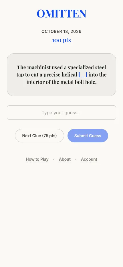 The same Omitten puzzle at phone size, with the sentence card above the guess box