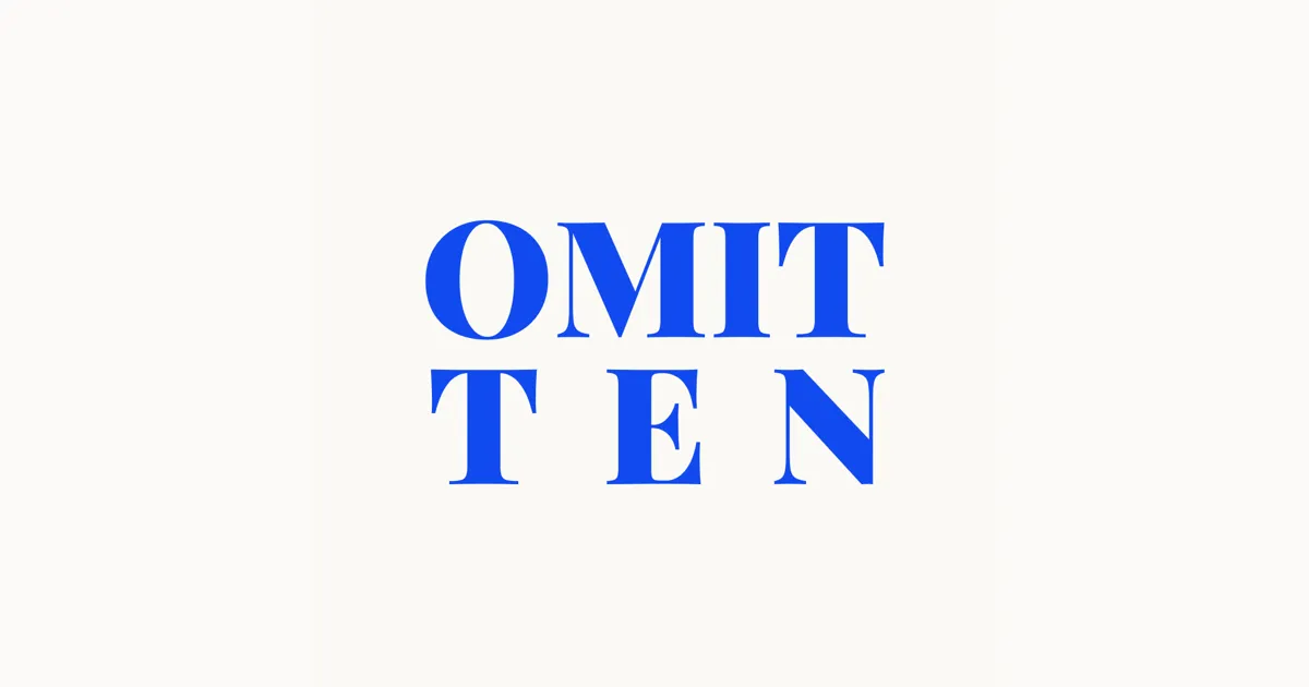 The Omitten title card in blue serif letters