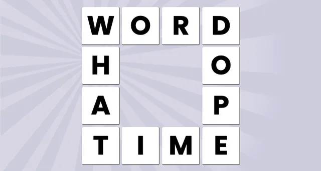 An Omiword square of letter tiles reading WORD across the top, TIME along the bottom, WHAT down the left and DOPE down the right