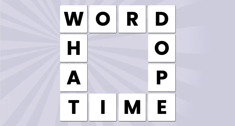 An Omiword square of letter tiles reading WORD across the top, TIME along the bottom, WHAT down the left and DOPE down the right