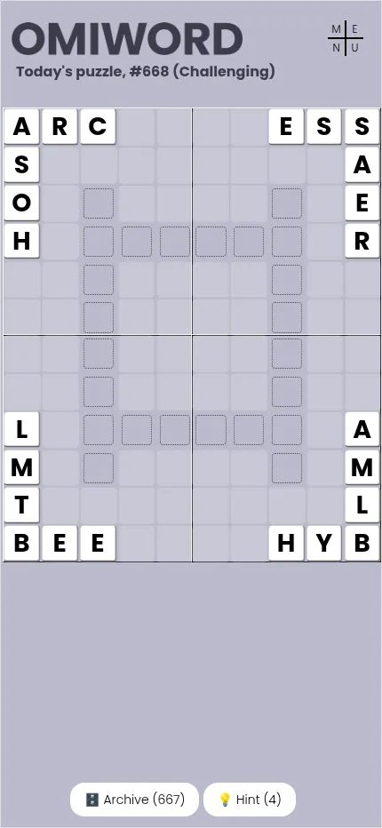 Omiword puzzle #668 at phone size: four sectors of letter tiles around empty dotted slots, with the Archive and Hint buttons below